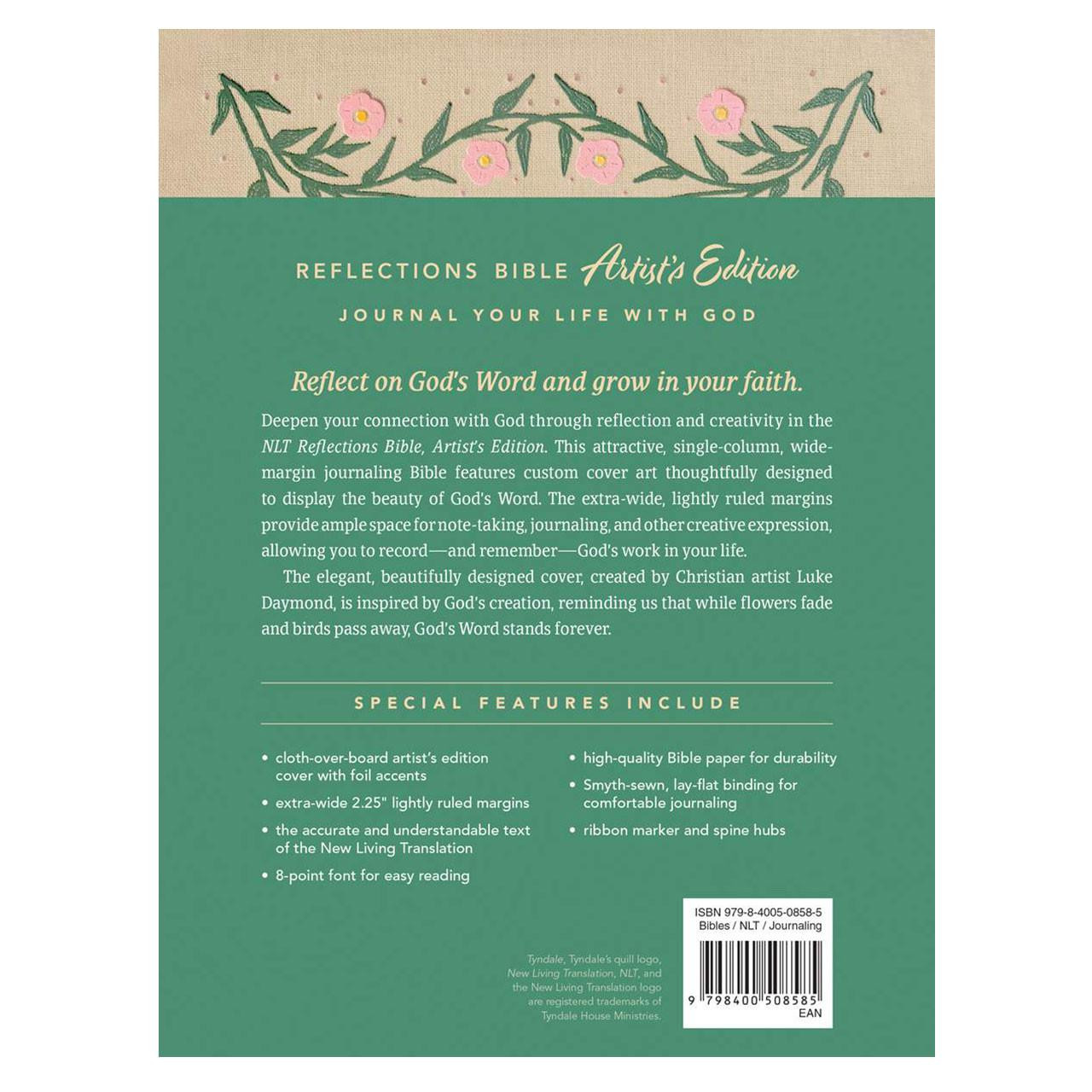 Back cover of the NLT Reflections Bible, Artist's Ed.