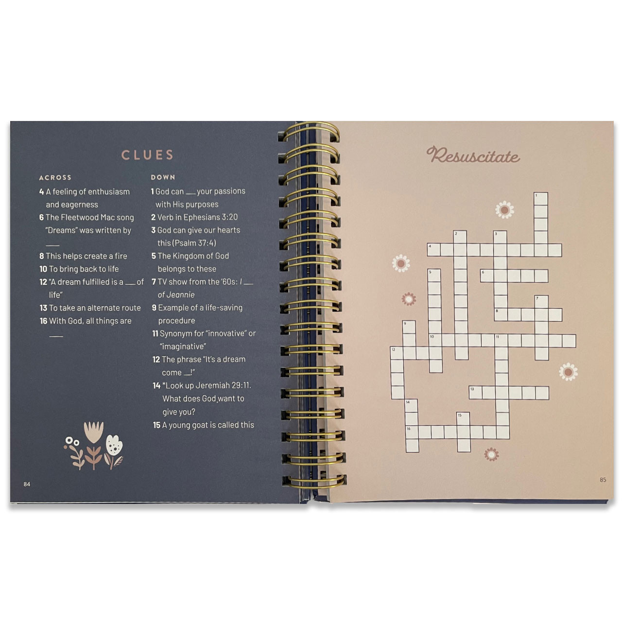 Crossword puzzle page example with puzzle on one side and the puzzle clues on the other page