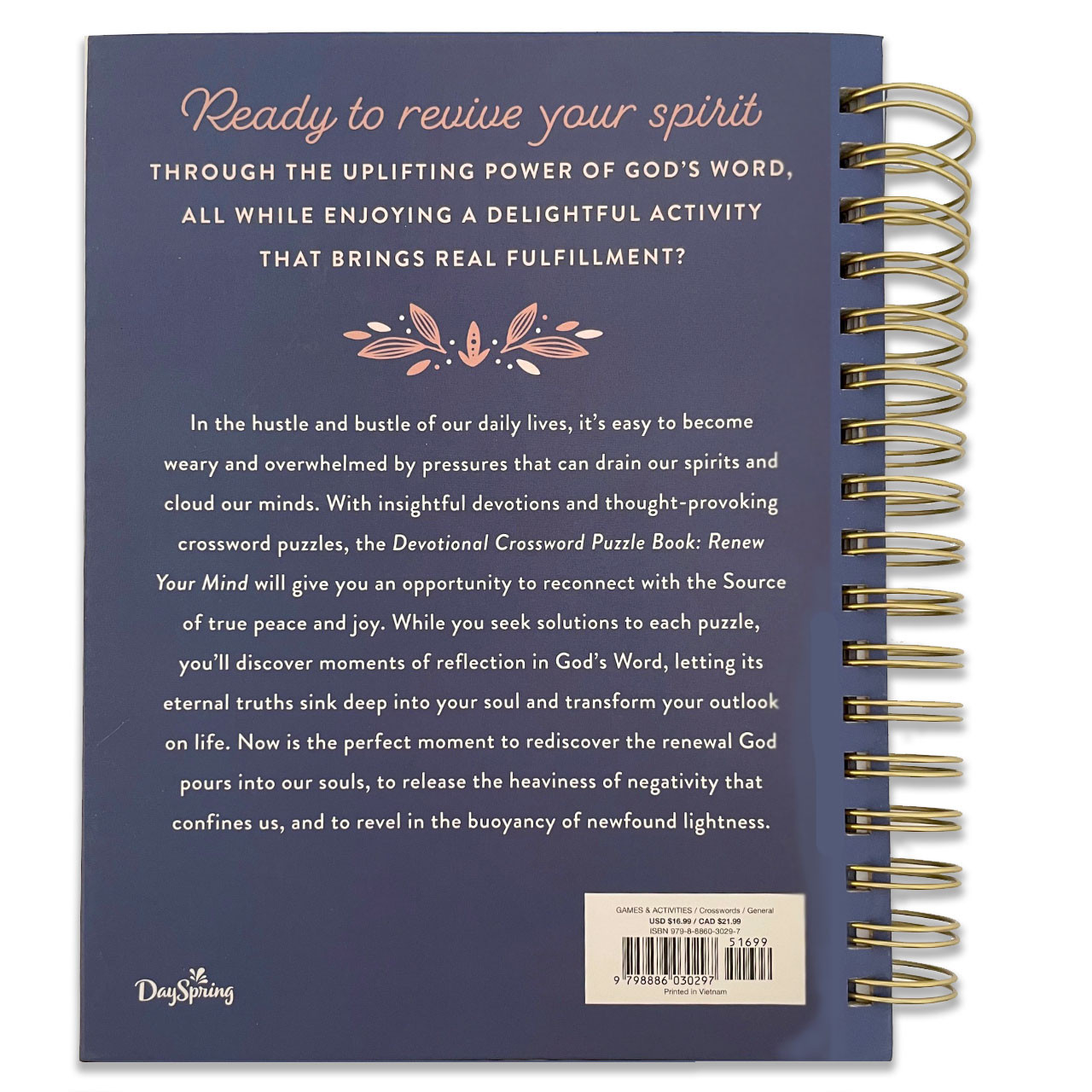 Back cover of the Devotional Crossword Puzzle Book describing how your spirit will be renewed by this book