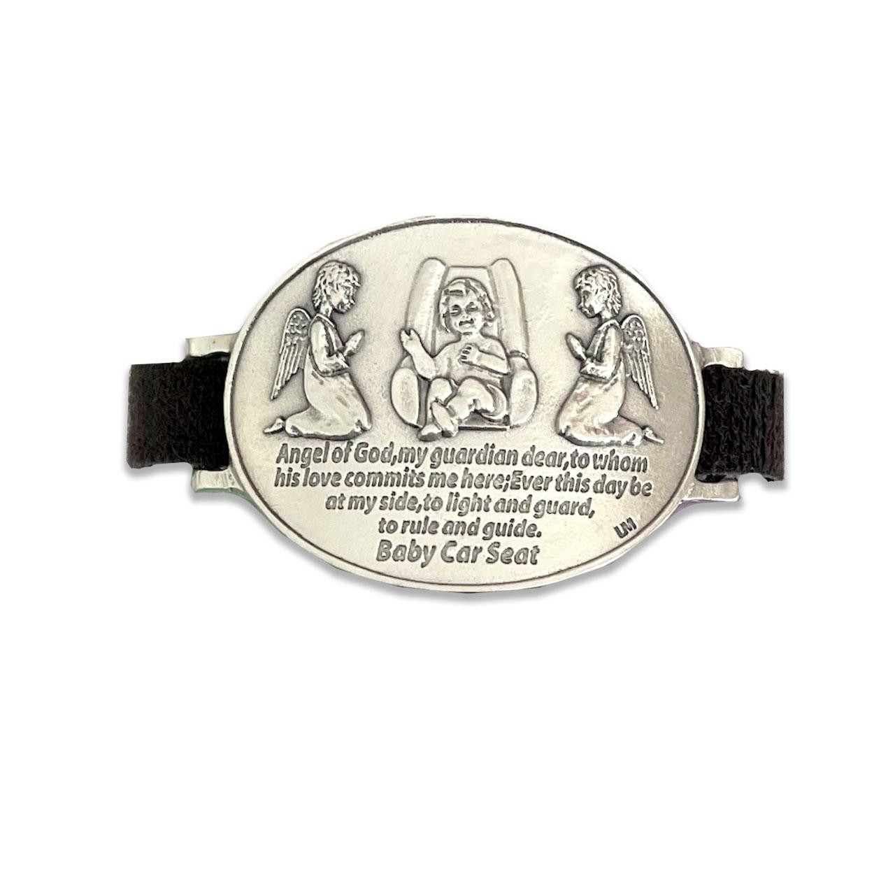 Auto Visor Clip Baby Car Seat shown with a baby in a car seat with an angel on each side along with the prayer underneath them.