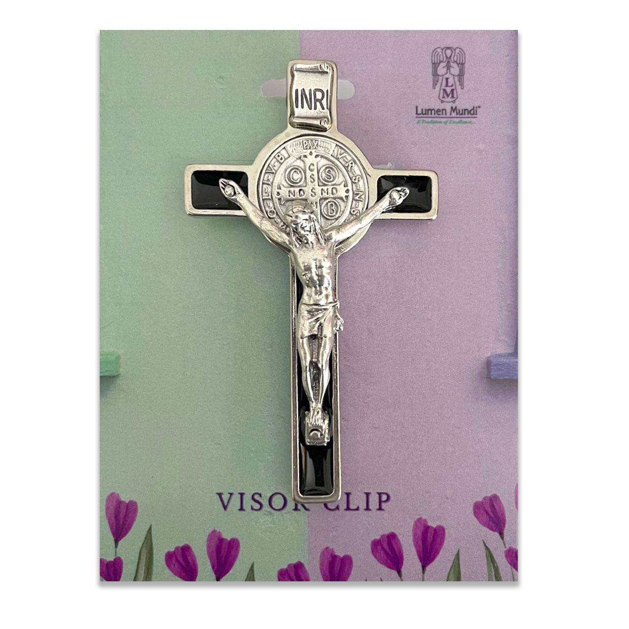 Detail of the Black Enamel St. Benedict Crucifix Visor Clip on its green and pink packaging card