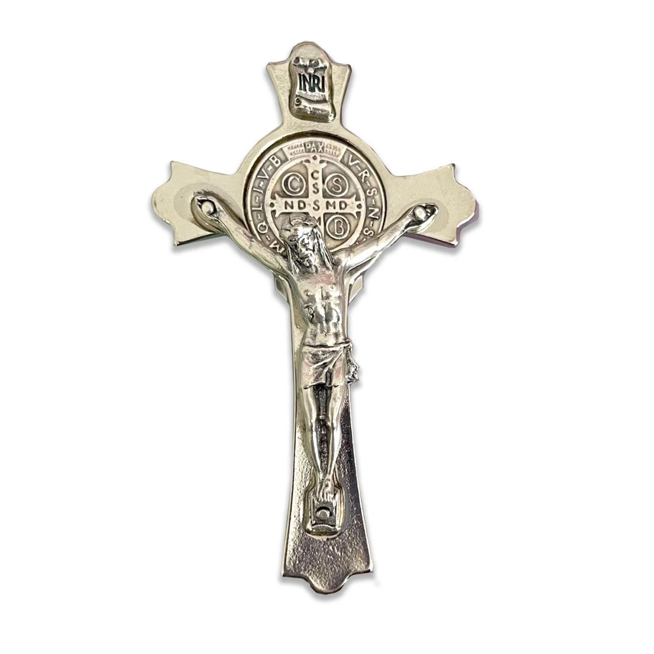 Silver Budded Crucifix St. Benedict Visor Clip