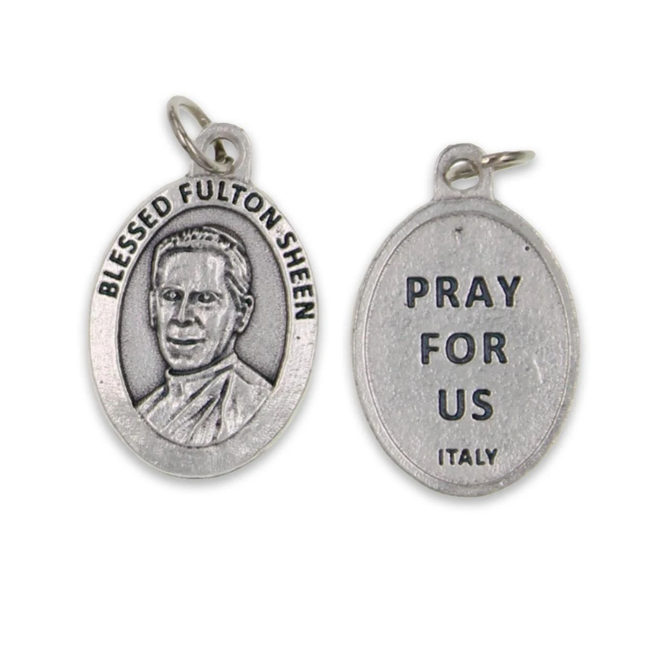 One inch inexpensive medal of Blessed Fulton Sheen with "Pray for Us" engraved on the back