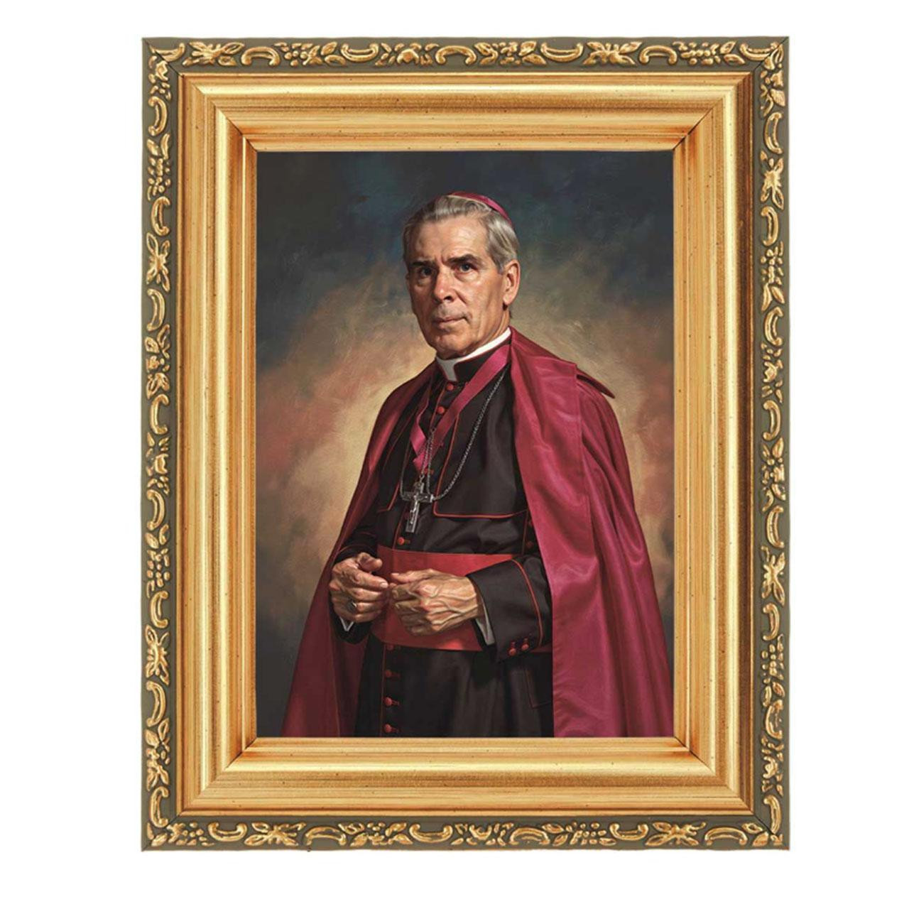 Gold Framed Fulton Sheen Print 5.5x7IN showing him from the waist up in full Archbishop attire