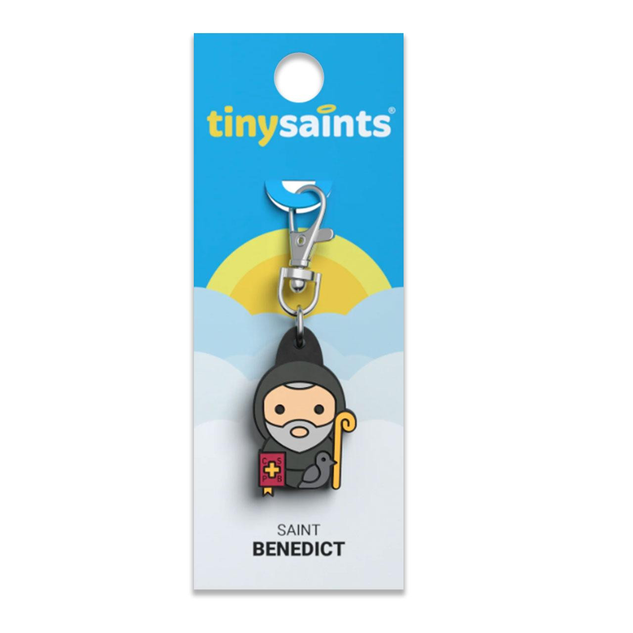 St. Benedict Tiny Saints Charm shown on packaging card