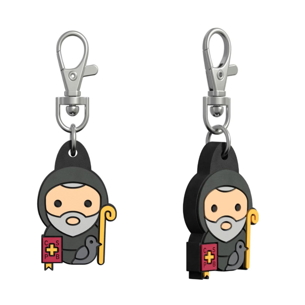 Front and side views of the St. Benedict Tiny Saints Charm with clip