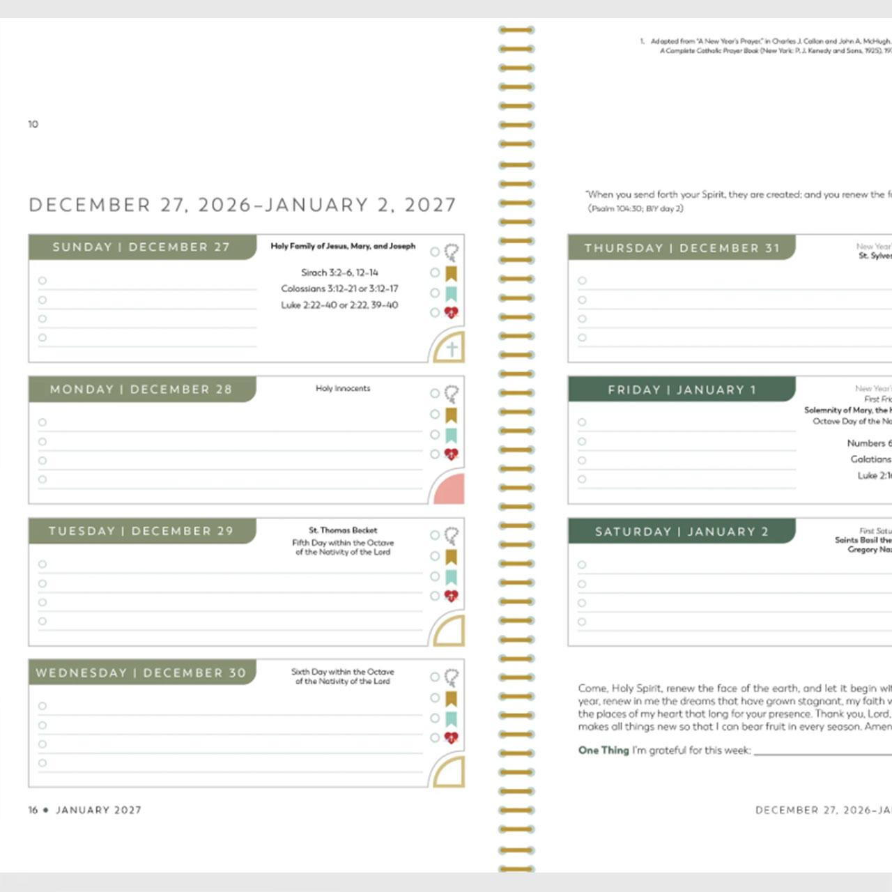 Inside horizontal weekly planner section of the Small Ascension 2027 Liturgical Planner