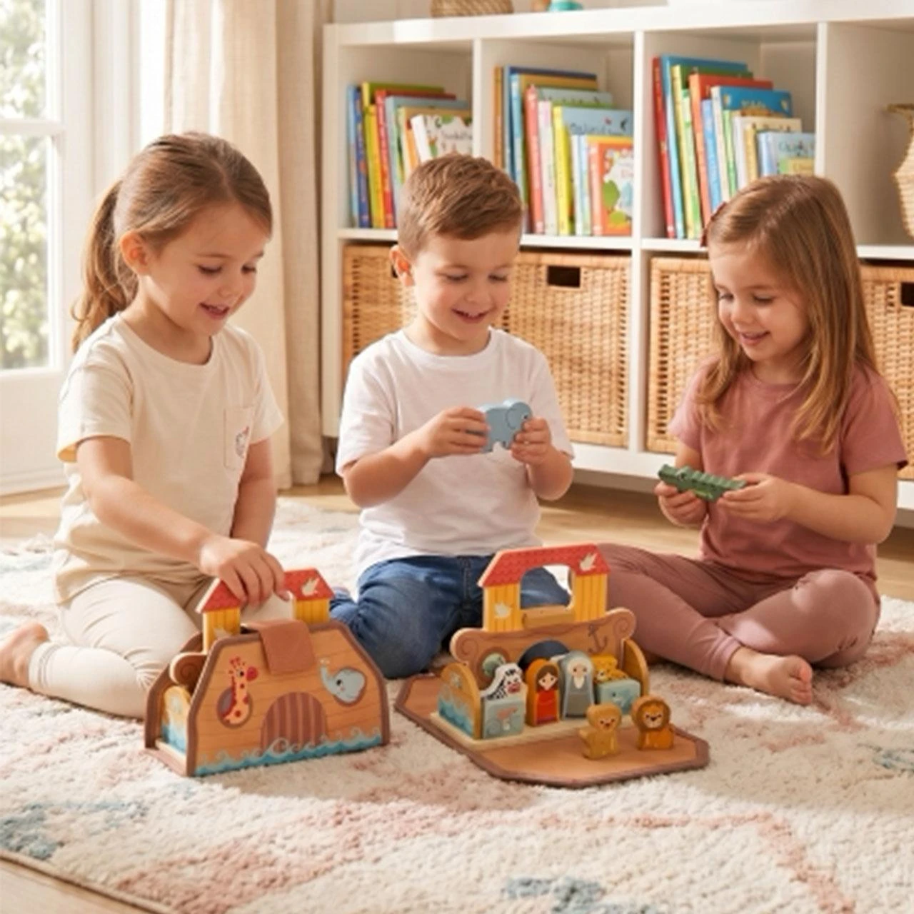 Children playing with the Wood Noah's Ark Set Toy