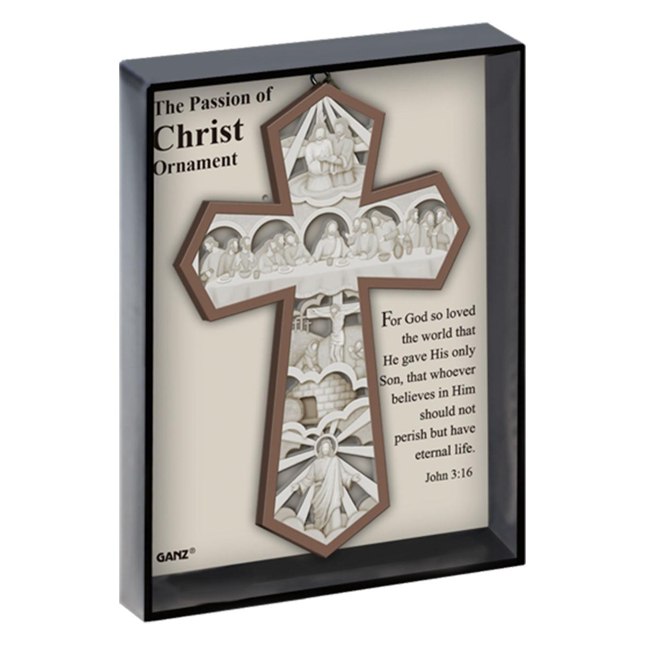 Photo of the packaging of the Passion of Christ Cross Ornament and the John 3:16 verse inside it.