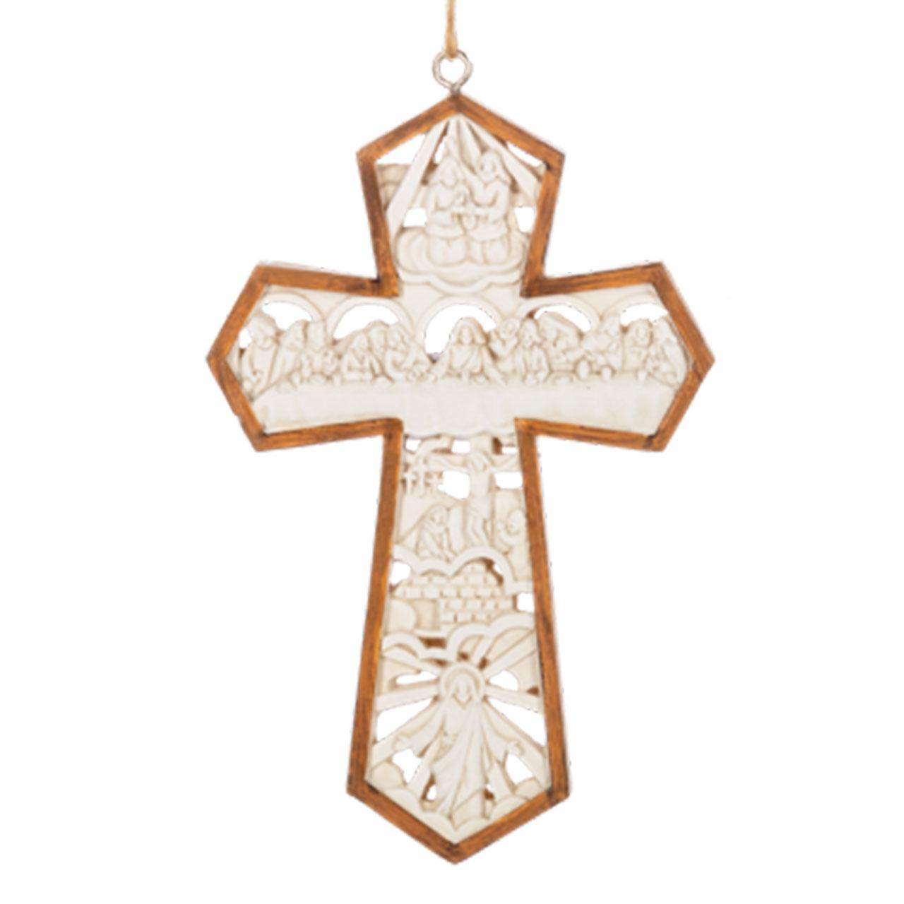 Passion of Christ Cross Ornament with brown framing and ivory images of Christ's Baptism, Last Supper, Crucifixion, and Resurrection.