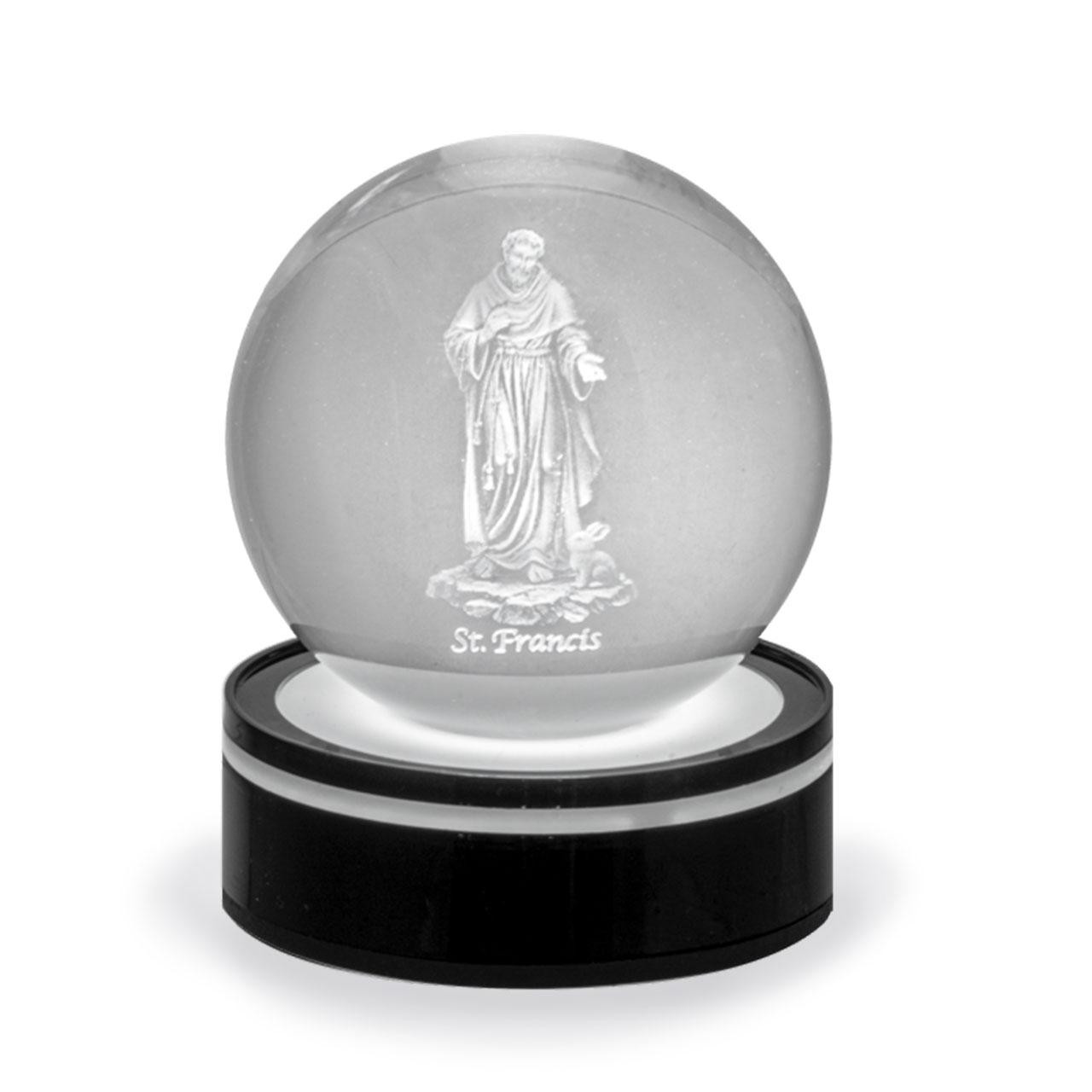 St. Francis Orb LED Light with black base and hues that go from blue, to green, to red.
