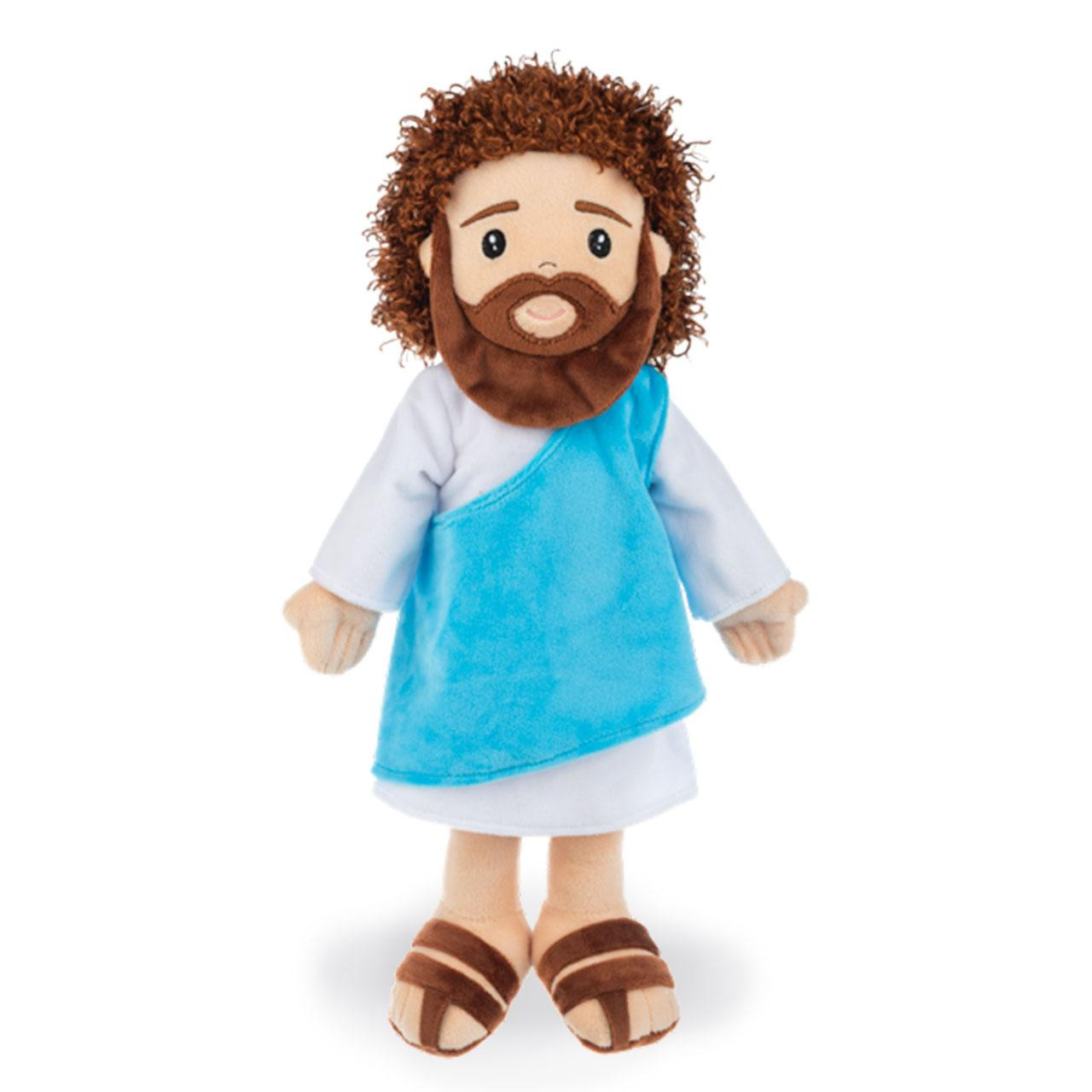 Ganz Plush Jesus Doll in white and turquoise clothing with brown sandals.