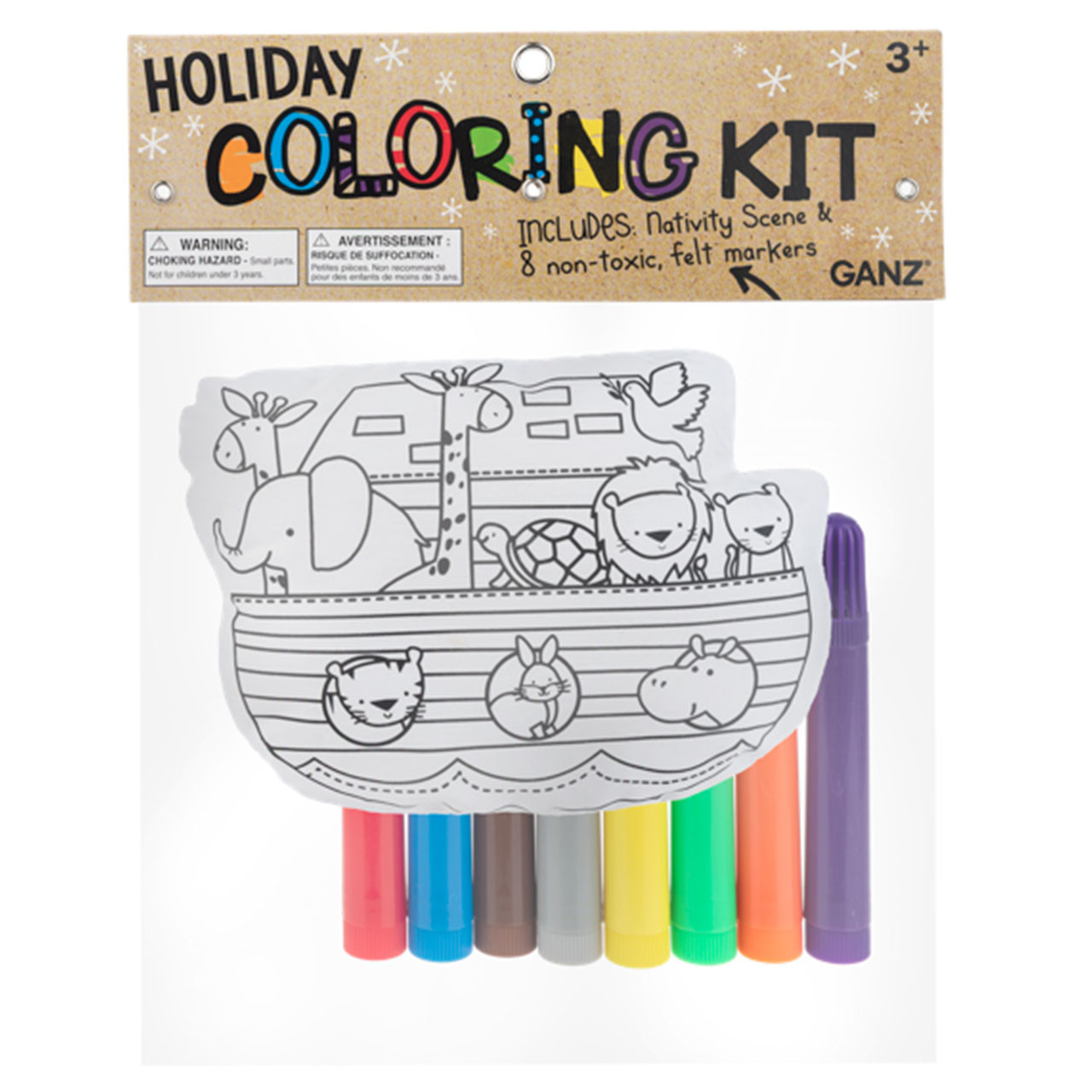 Mini Noah & the Ark Coloring Kit package showing the fabric ark with animals to color on it along with the included non-toxic markers.