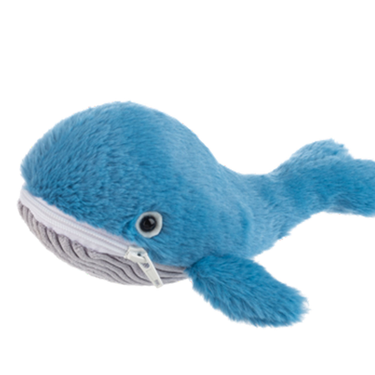 Detail photo of the plush, blue whale with zippered mouth.