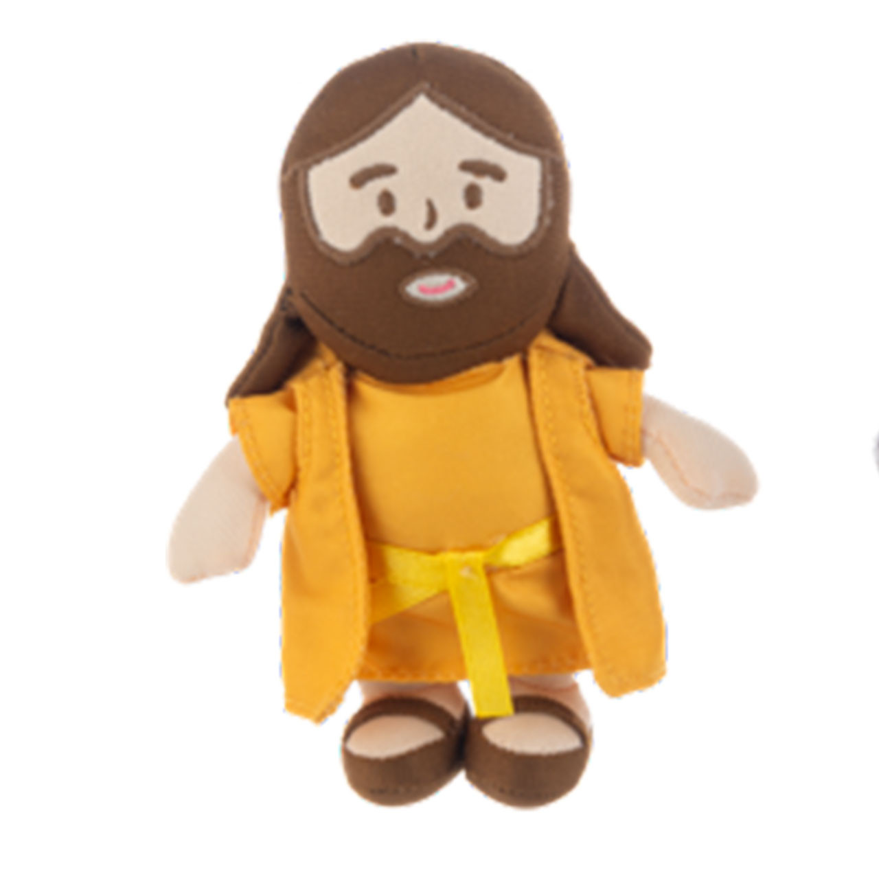 Detail of the Jonah doll with orange colored clothing and brown hair and beard.