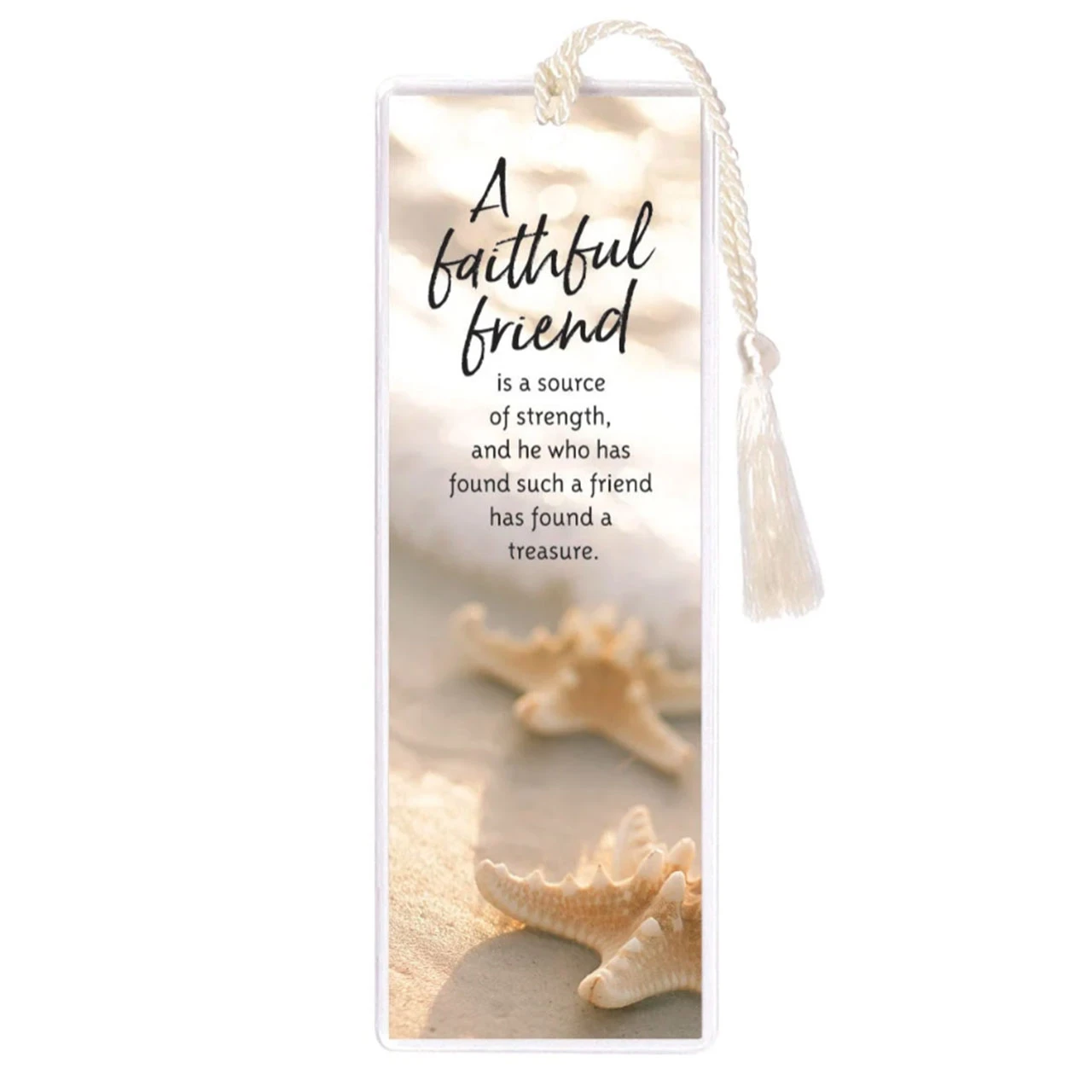 Faithful Friend Bookmark showing the artful lettering and warm pastel colors of the sea shell photo
