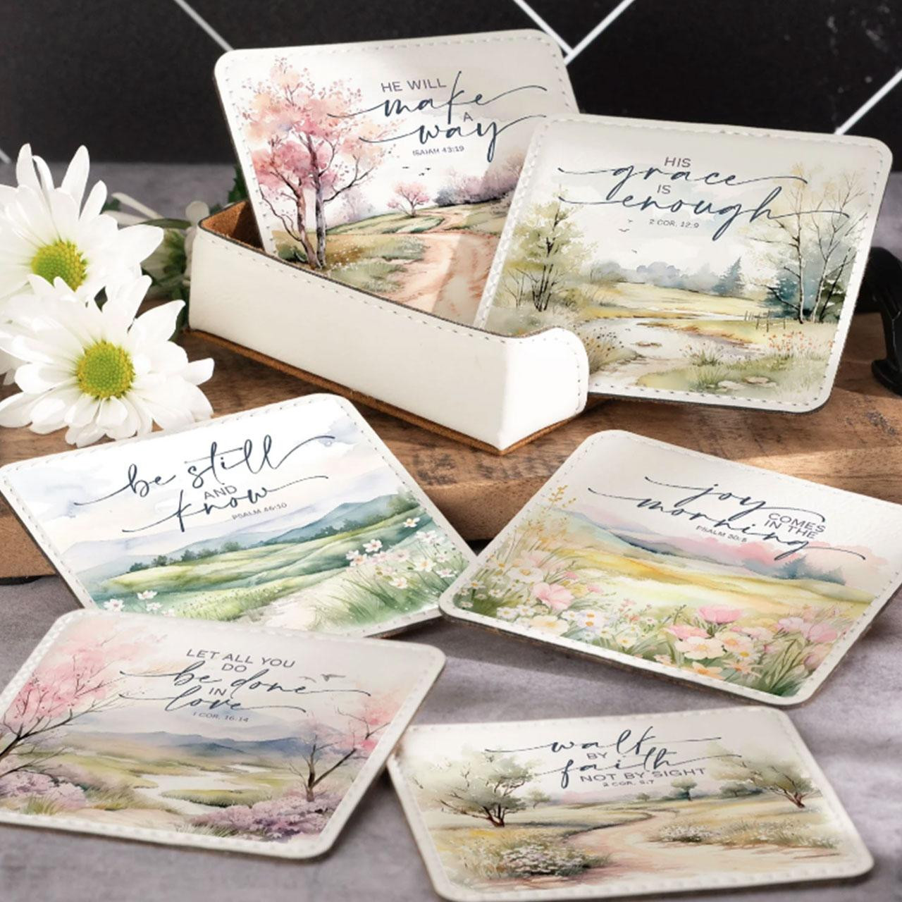 Inspirational Landscape Coaster Set of 6 different watercolor landscape painting designs and scripture set inside a leatherette holder