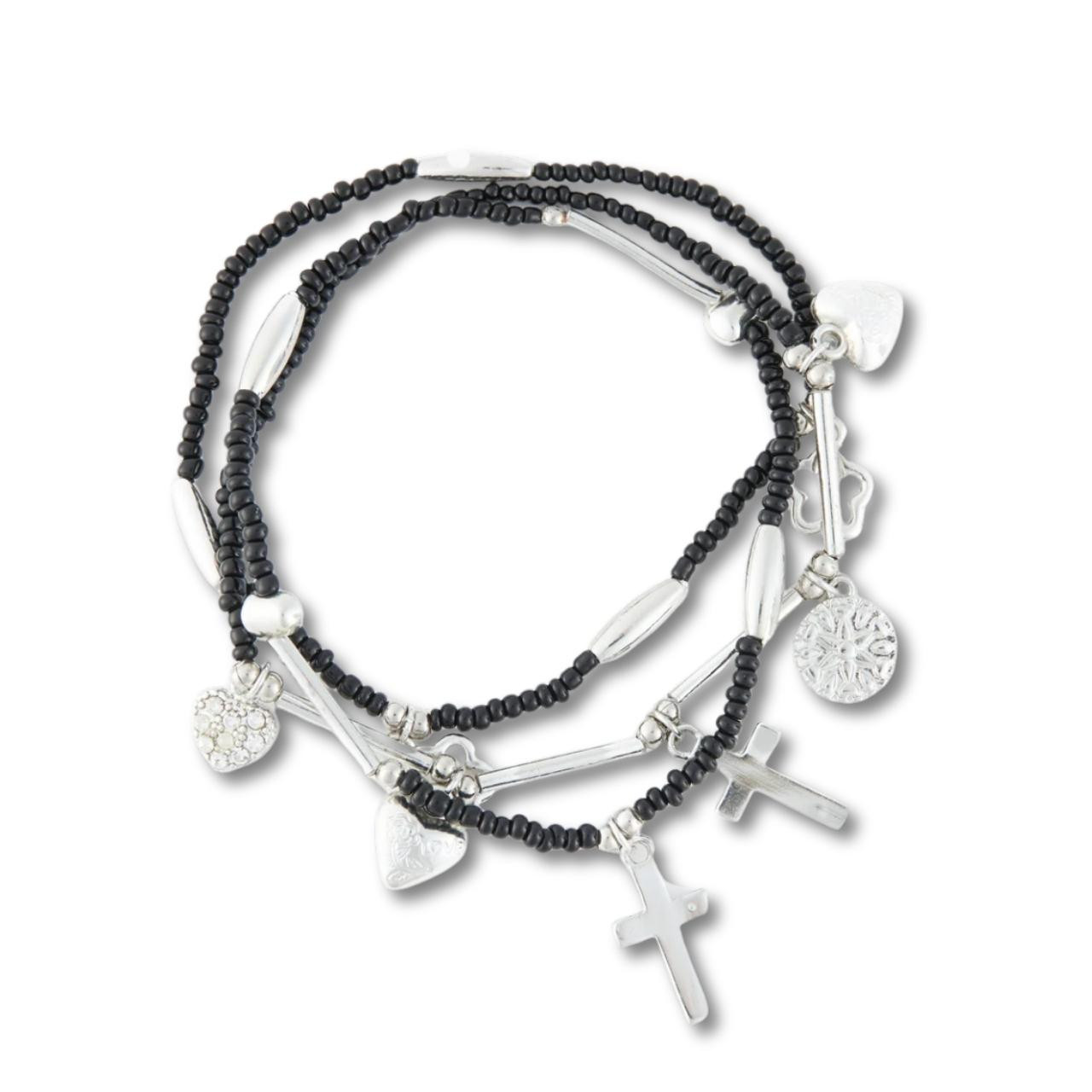Beaded Charm Bracelet Set in Silver