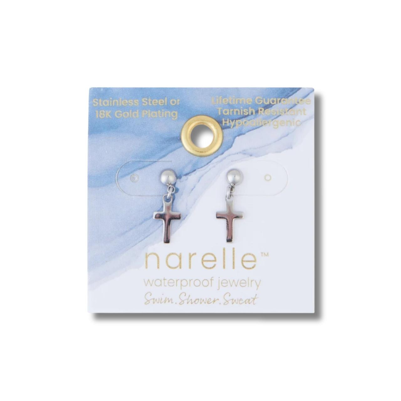 Waterproof Cross Earrings in Silver shown in packaging