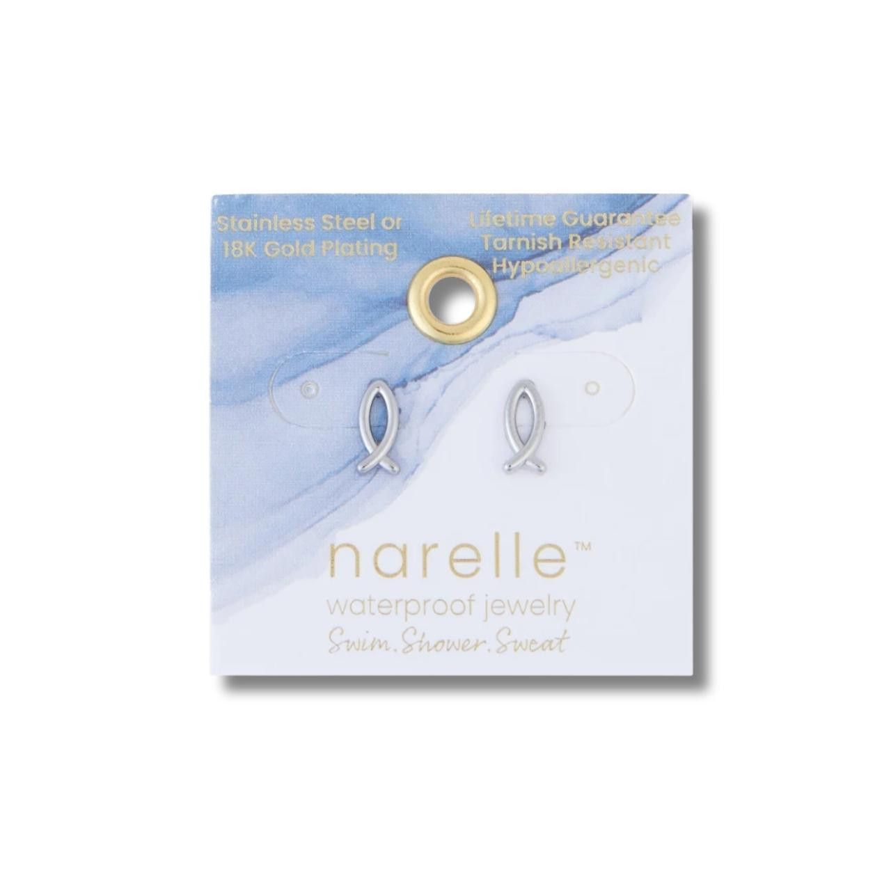Waterproof Ichthys Earrings in Silver shown in packaging