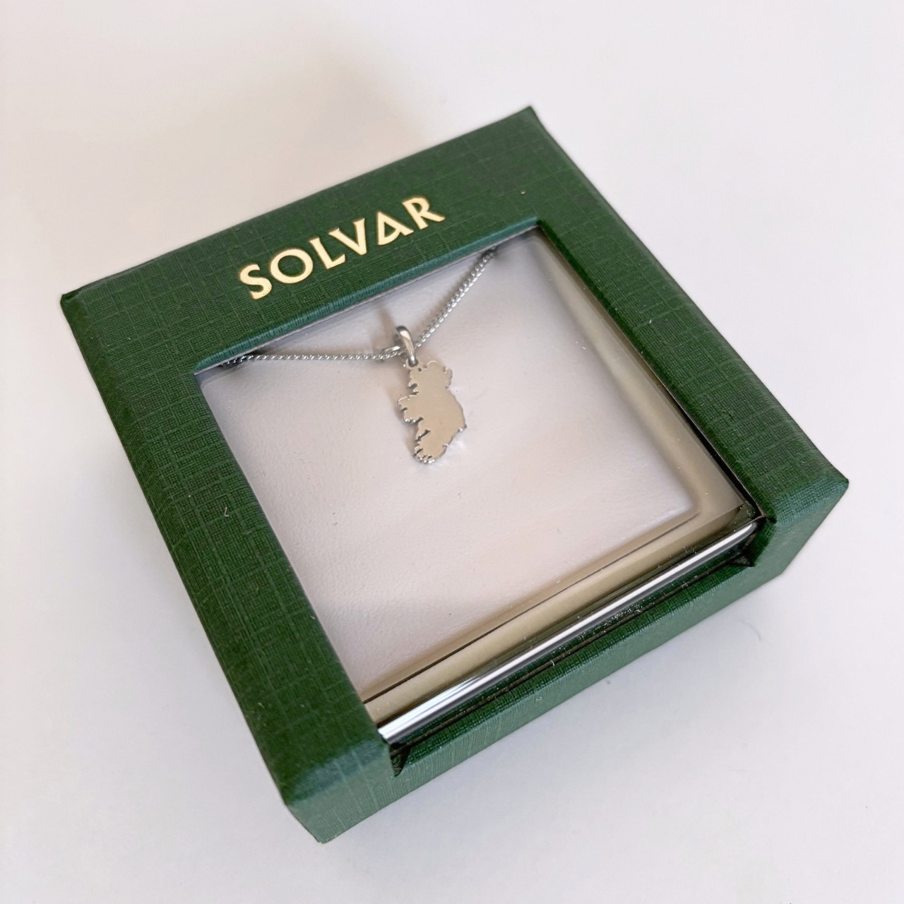 Rhodium Plated Map of Ireland Pendant shown in box