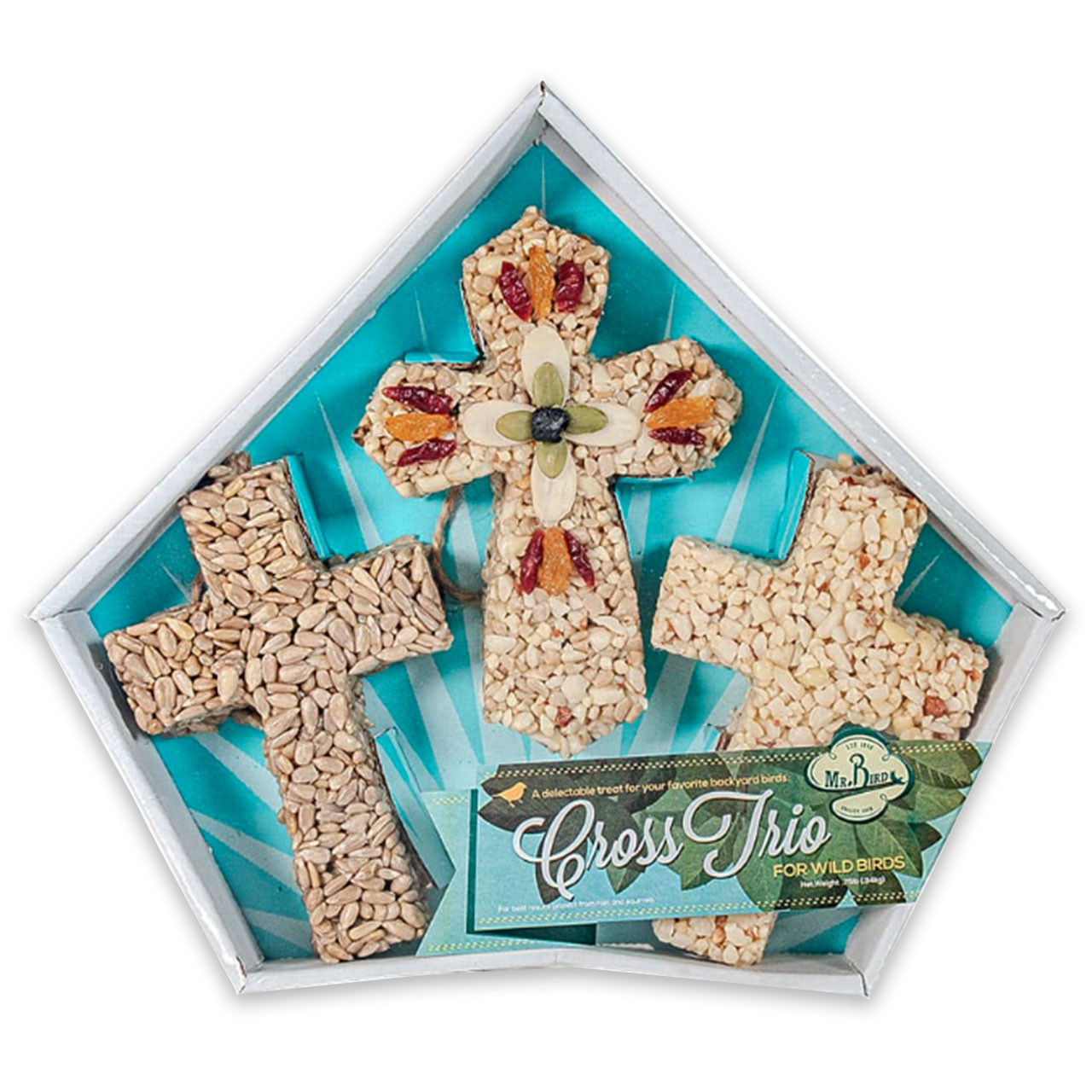 Boxed Set of 3 Bird Treat Crosses shown in the handsome package for gift giving