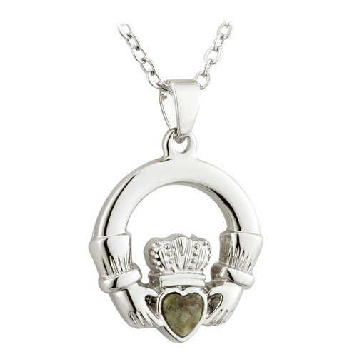3-4" diameter Claddagh Necklace with Connemara Marble heart and Rhodium plated on 18" chain 3-4" diameter Claddagh Necklace with Connemara Marble heart and Rhodium plated on 18" chain