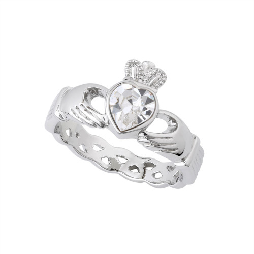 Claddagh Ring in Rhodium with Clear Crystal