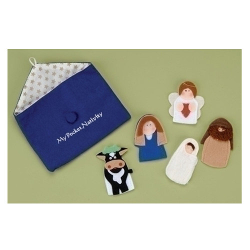 Finger Nativity set shown with all the figures and cloth envelope