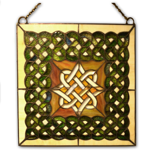 Beveled Square Celtic Stained Glass Panel with Chain