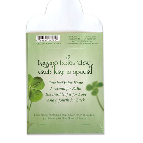 Back of the 4 Leaf Clover Pocket Stone envelope