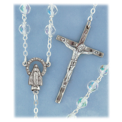 Crystal Aurora Borealis Lock Link Rosary showing crucifix, centerpiece, and beads