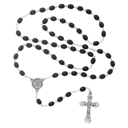 Rosary Black Wood With Pewter Crucifix showing the entire rosary