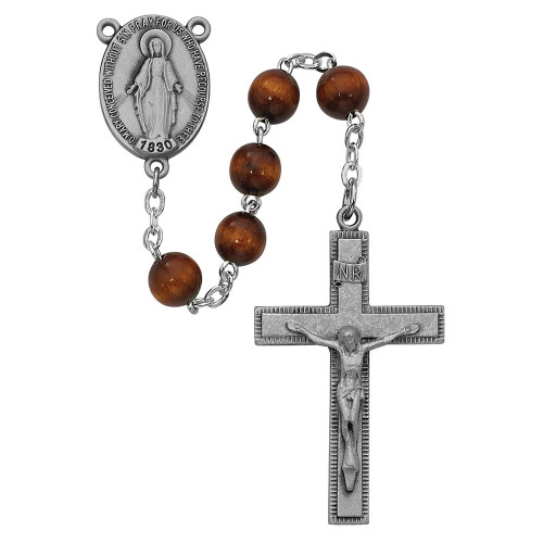 Brown Wood Rosary Pewter Crucifix 7MM Beads