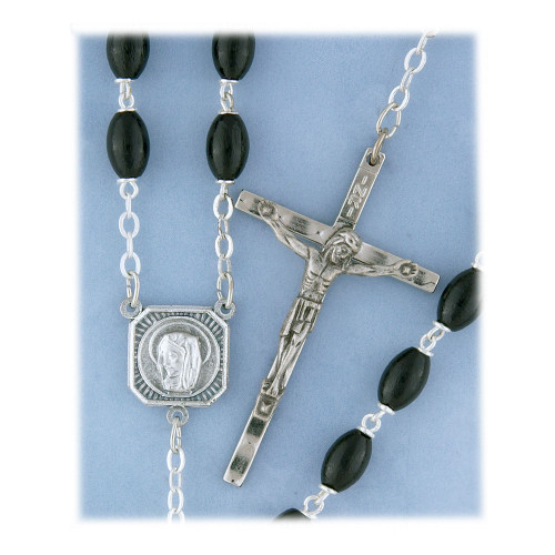 Black Boxwood Rosary with Oval Beads showing details of crucifix and centerpiece