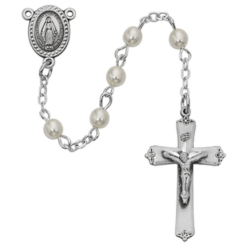 Glass Pearl Women's Rosary with pewter crucifix and centerpiece