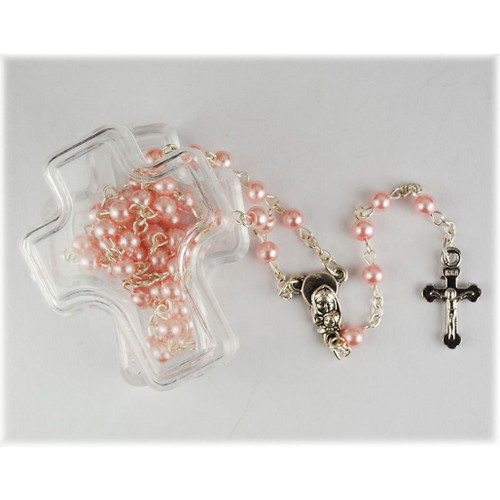 Pink Pearl Rosary in Cross Case