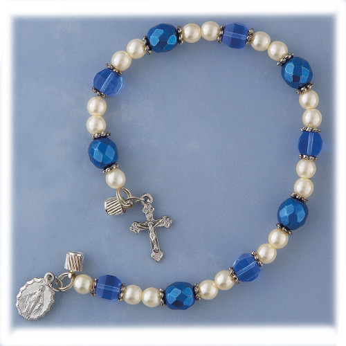 7 1/2" Blue Crystal and Pearl Rosary Bracelet