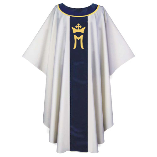 White Marian Chasuble with Blue Velvet Orphrey