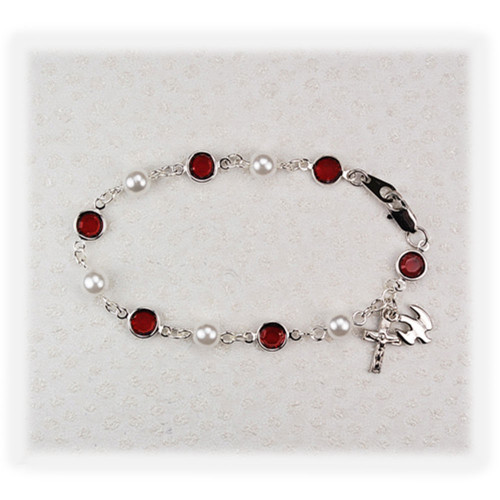 Ruby Pearl Confirmation Bracelet With Dove Crucifix