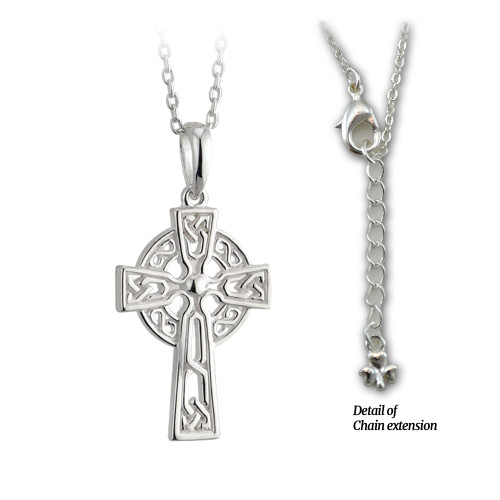 Rhodium plated Celtic Cross Necklace, 15 Inch Chain with 1" extender