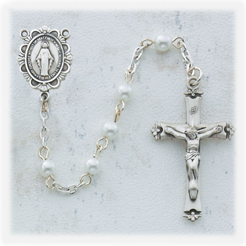 Sterling Silver 3mm Pearl Rosary - Saints & Shamrocks