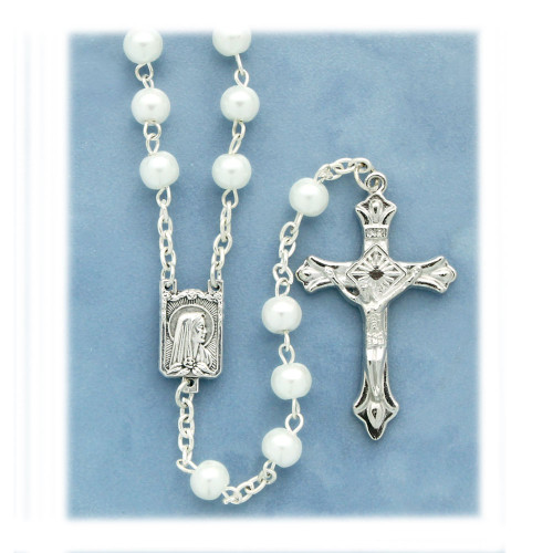 White Pearl Rosary With Miraculous Centerpiece