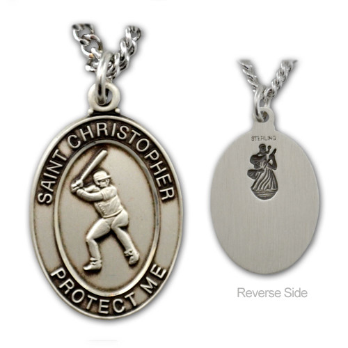 Baseball Shaped Necklace with Saint Christopher Back in Sterling Silver +  24