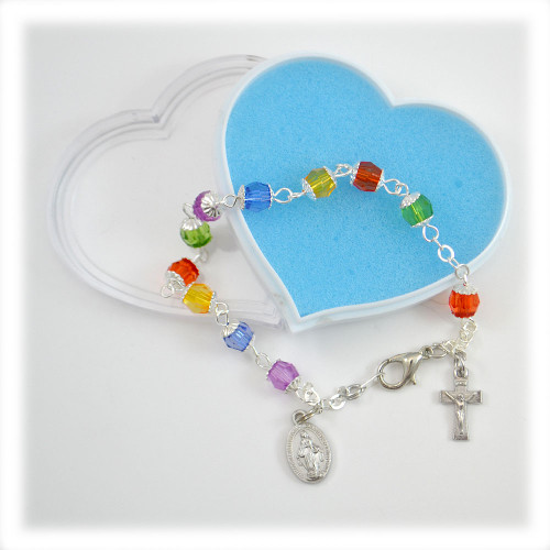 Multi Colored Glass Rosary Bracelet Heart Box