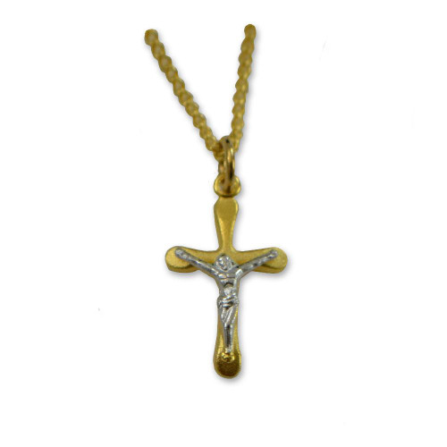Two Tone Gold Silver Crucifix 16IN Chain with silver corpus on gold cross and chain