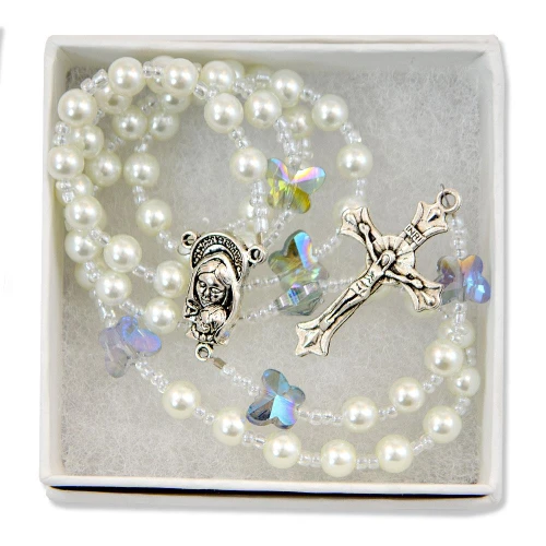 White Rosary with Blue Butterflies