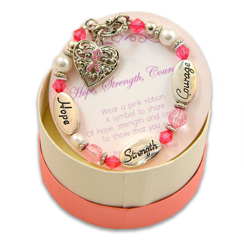 Breast Cancer Survivor Bracelet with silver, pearl, and pink crystal beads
