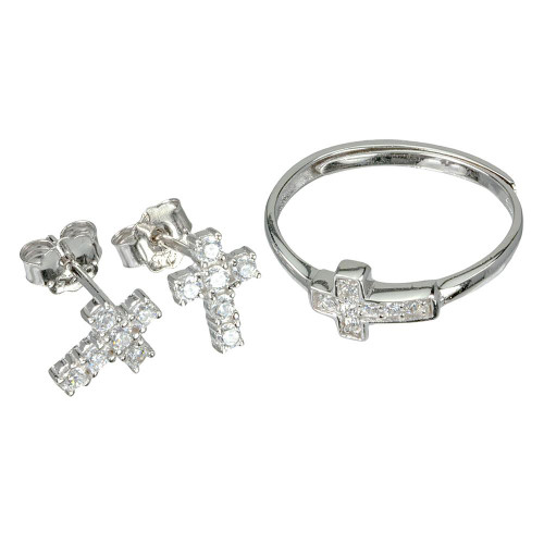 Cross Earring and Ring Set SS