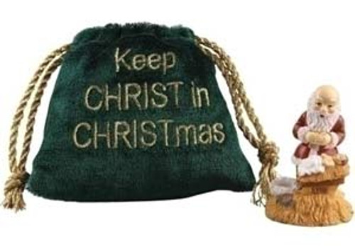 Kneeling Santa in Green Keep Christ in Christmas Bag